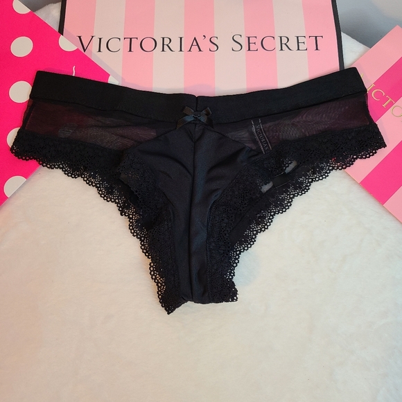 Y2K Victoria's Secret Satin Mesh Lace Bow Back Cheeky Panty Size Sm Black - Picture 1 of 6